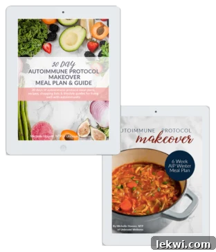 Photos of the cover of 30 day autoimmune protocol makeover meal plan & Autoimmune protocol makeover.