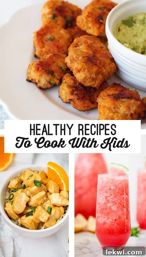 Sweet potato chicken poppers, orange chicken, and watermelon mocktail with text reading "healthy recipes to cook with kids"