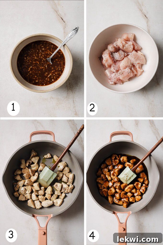A visual guide showing the progression of cooking healthy bourbon chicken: from combining sauce ingredients, to searing cubed chicken in a pan, and finally simmering the chicken in the rich, glossy sauce.