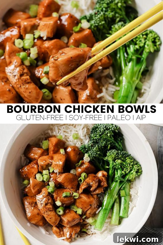 A visually appealing collage with the text "Bourbon Chicken Bowls Gluten-Free | Soy-Free | Paleo | AIP." promoting the healthy attributes of the recipe, featuring cooked chicken and fresh ingredients.