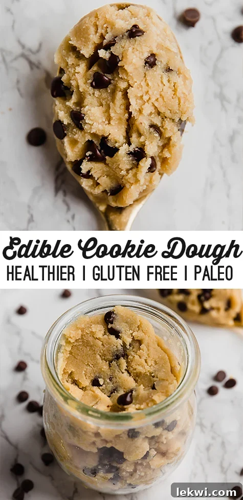 A Pinterest-friendly vertical image of edible cookie dough, garnished with chocolate chips and a spoon.