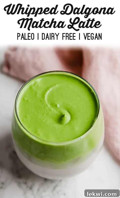 A visually appealing pin image for Dalgona Matcha, highlighting its key features like egg-free and vegan.