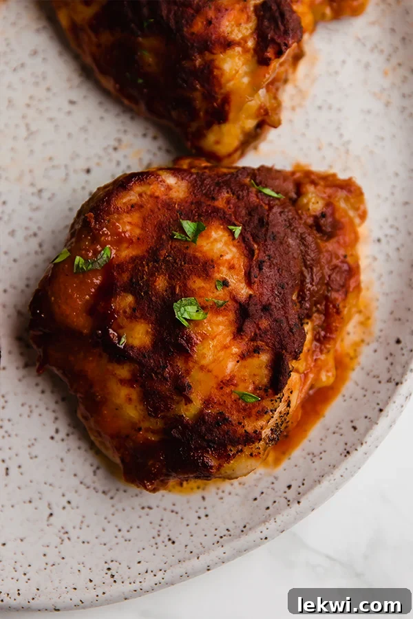 Delicious Oven Baked BBQ Chicken Thighs on a plate, ready to be served.