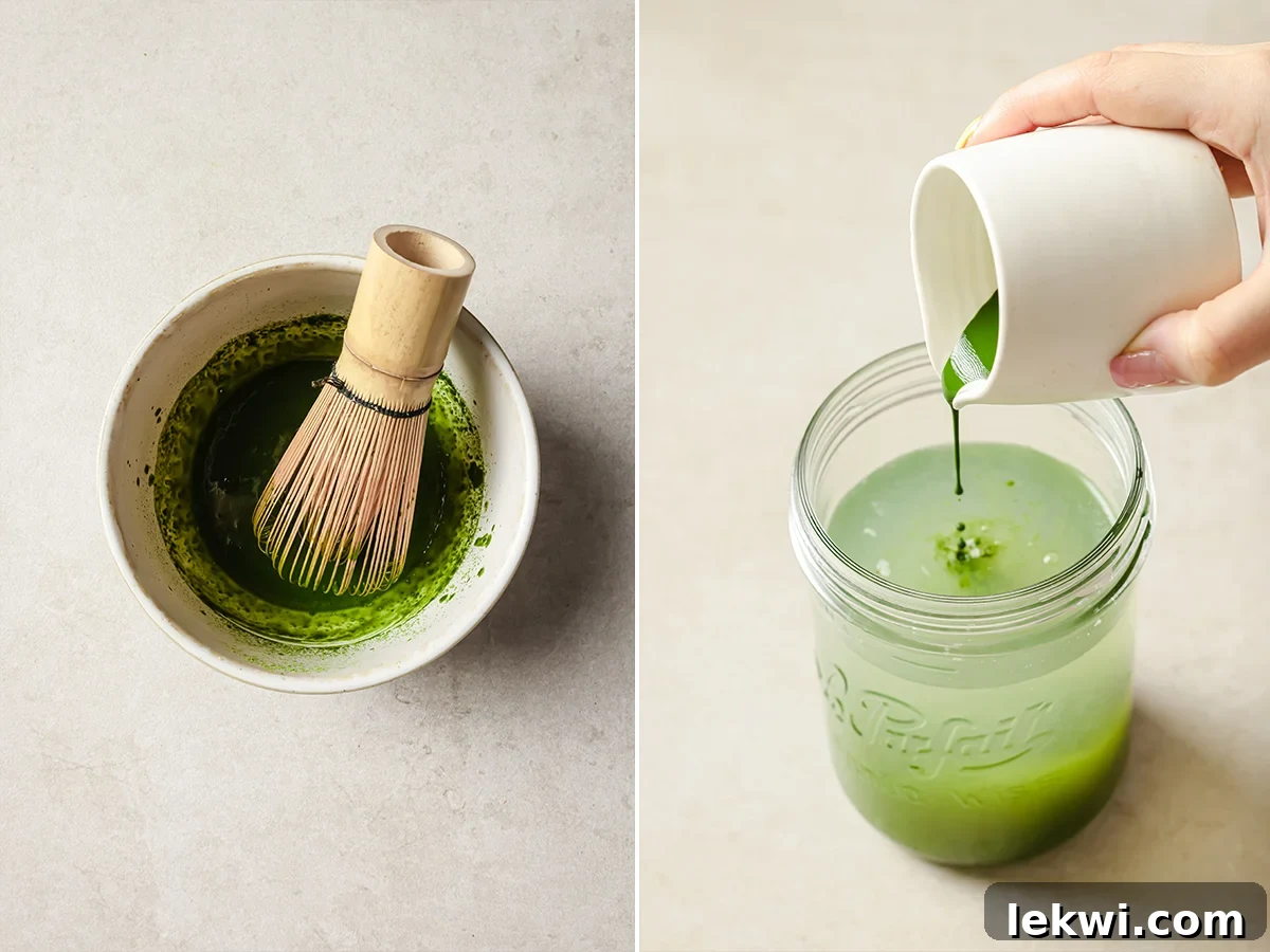 Vibrantly green matcha mixture being whisked in a bowl, then poured into a glass pitcher.