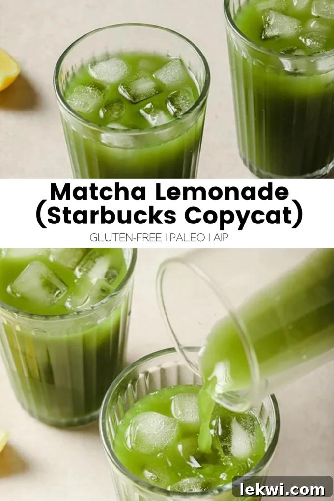 Collage with text "Matcha Lemonade (Starbucks Copycat) Gluten-Free | Paleo | AIP."