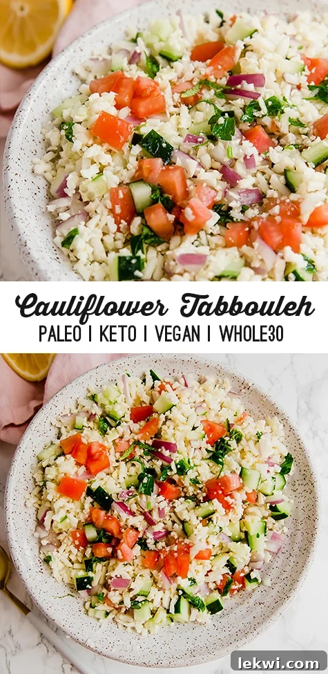 A vibrant close-up of cauliflower tabbouleh salad, perfect for sharing on social media.