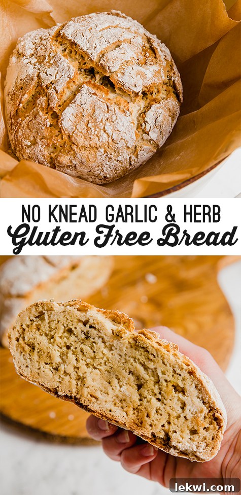 A Dutch oven with parchment paper surrounding a loaf of no knead gluten free bread with text reading \"no knead garlic & herb gluten free bread\"