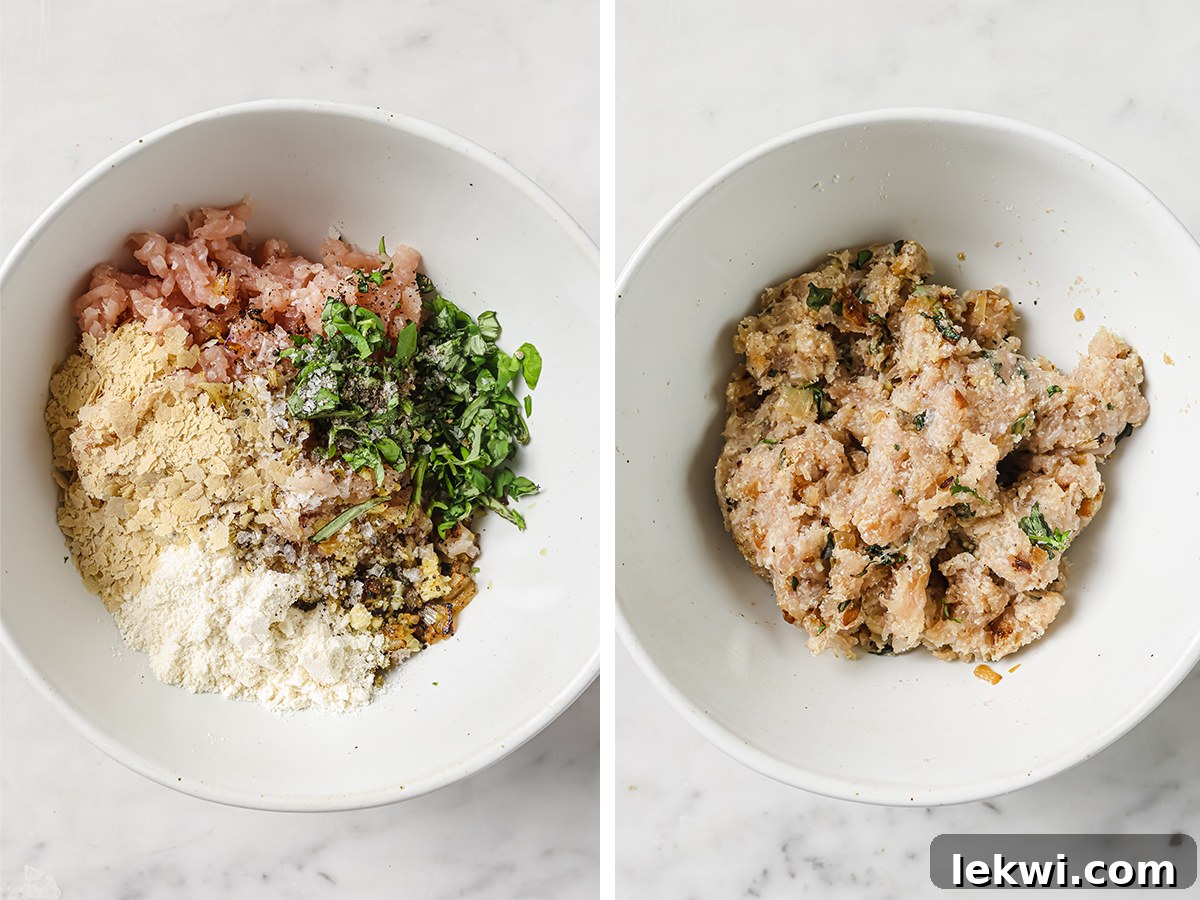 All the ingredients for turkey pesto meatballs, including ground turkey, herbs, and spices, gathered in a mixing bowl before forming.