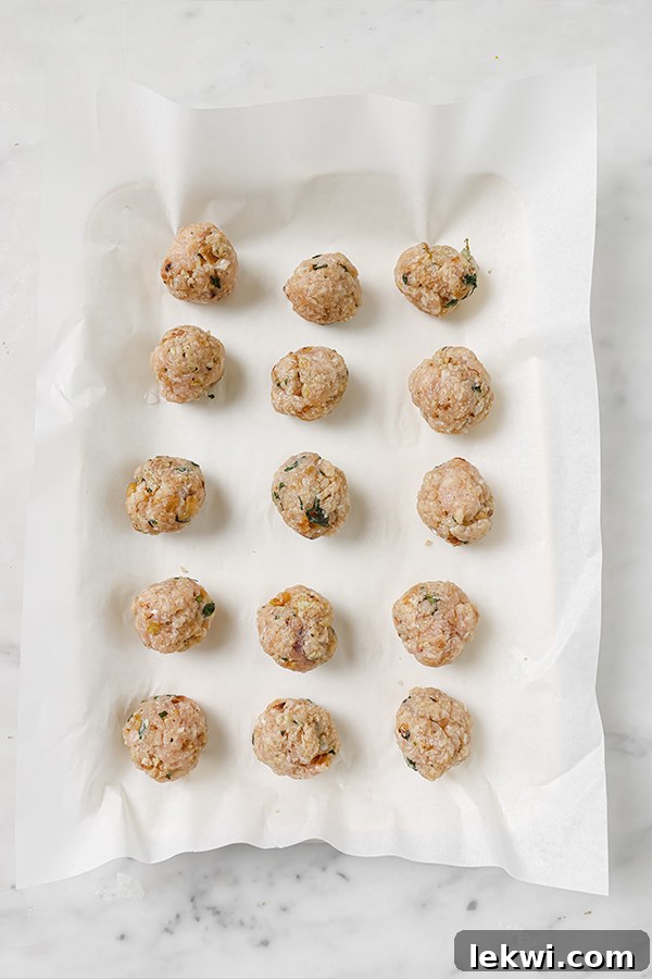 Uncooked turkey meatballs neatly arranged on a parchment paper-lined baking sheet, ready for the oven.