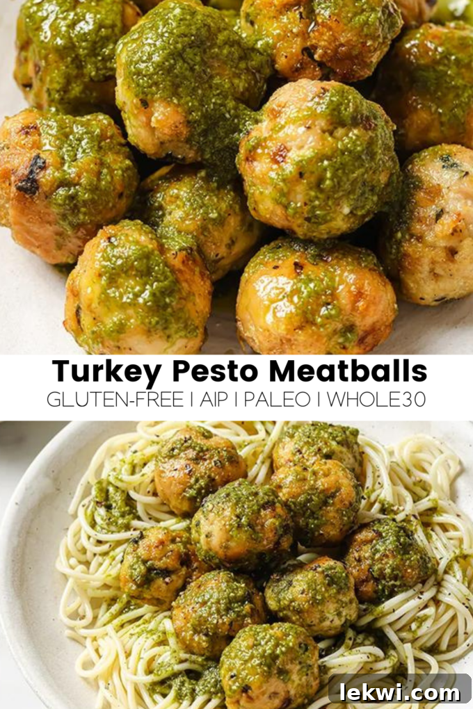 A visually appealing collage featuring the text "Turkey Pesto Meatballs Gluten-Free | AIP | Paleo | Whole30." prominently displayed, alongside vibrant images of the dish, emphasizing its healthy and diet-friendly attributes.