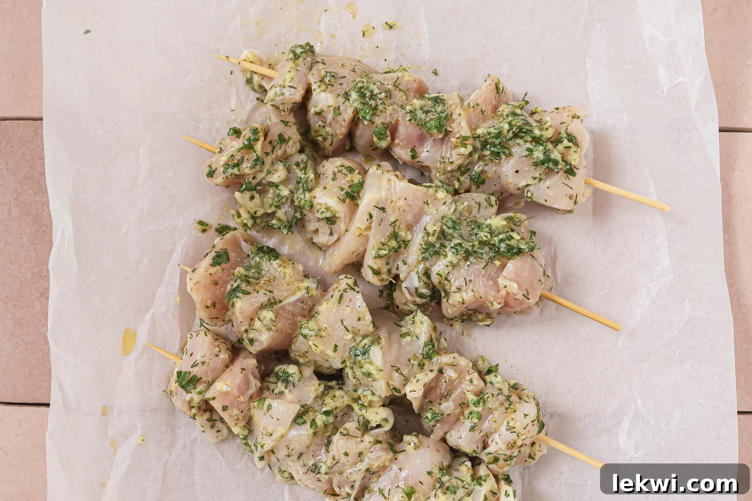Raw chicken souvlaki pieces threaded onto skewers.