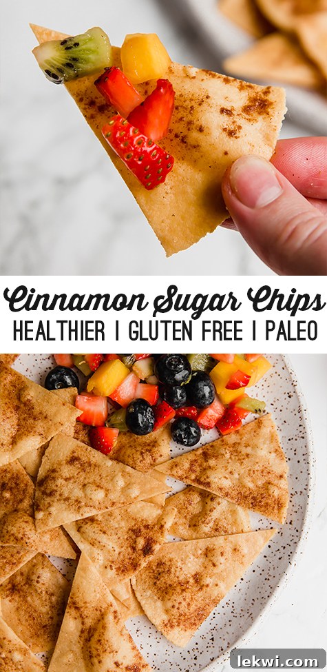 A top-down view of a rustic plate featuring golden cinnamon sugar chips artfully arranged around a small bowl overflowing with colorful, diced fruit salsa, ready to be enjoyed.