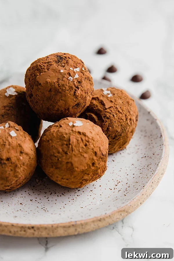 A speckled ceramic plate topped with richly dark chocolate avocado protein truffles, garnished lightly with sea salt flakes.