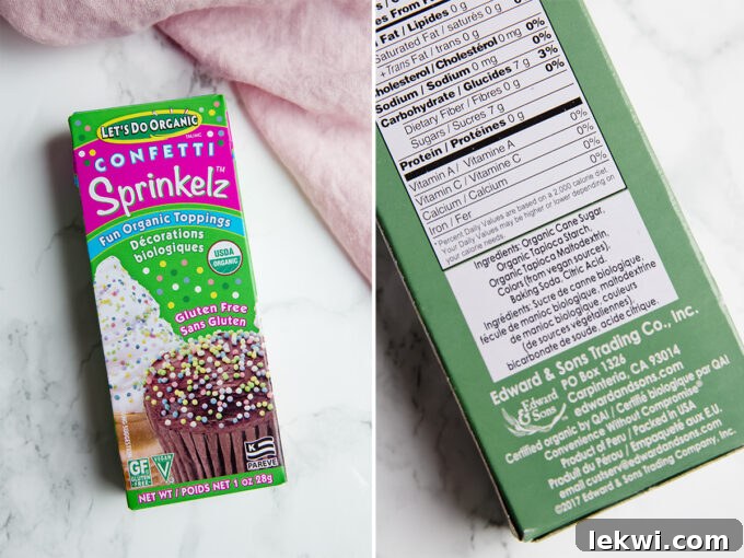 A packet of 'Let's Do Organic' brand sprinkles, naturally colored with vegetable extracts, suitable for healthy baking alternatives.