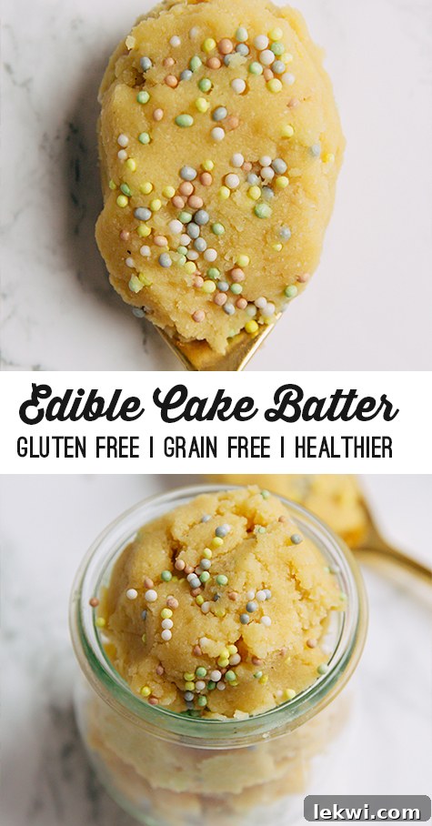 A final close-up of a serving of gluten-free edible cake batter in a small bowl, adorned with sprinkles, showcasing its enticing texture.