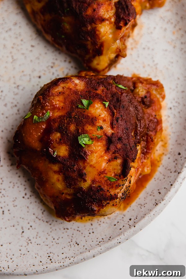 A plate with an oven baked bbq chicken thigh on it.