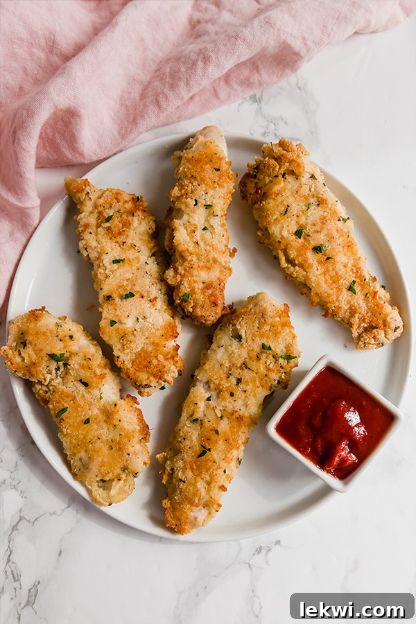 A white plate topped with homemade chicken tenders with dipping sauce in a small cup nearby.
