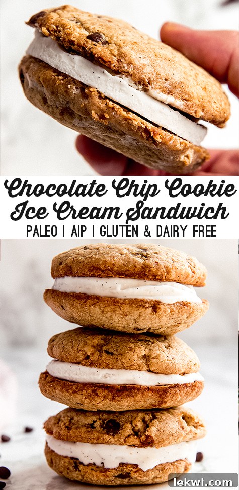 A hand holding a cookie ice cream sandwich with text reading \"chocolate chip cookie ice cream sandwich paleo aip gluten & dairy free\"