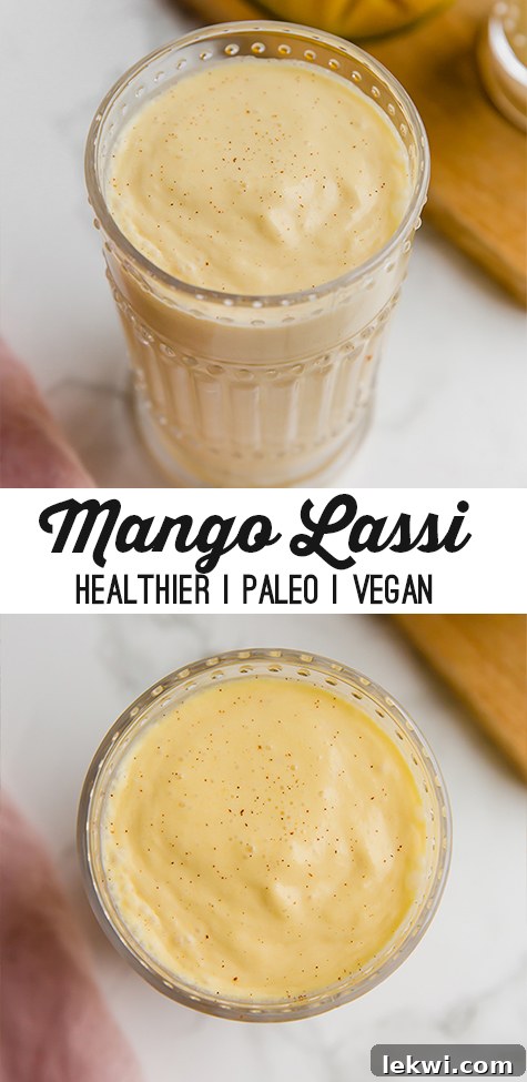 Mango lassi in a glass with text reading "mango lassi healthier paleo vegan"
