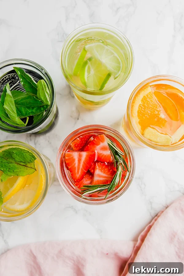 A drinking glass filled with water infused with different fruits and herbs.