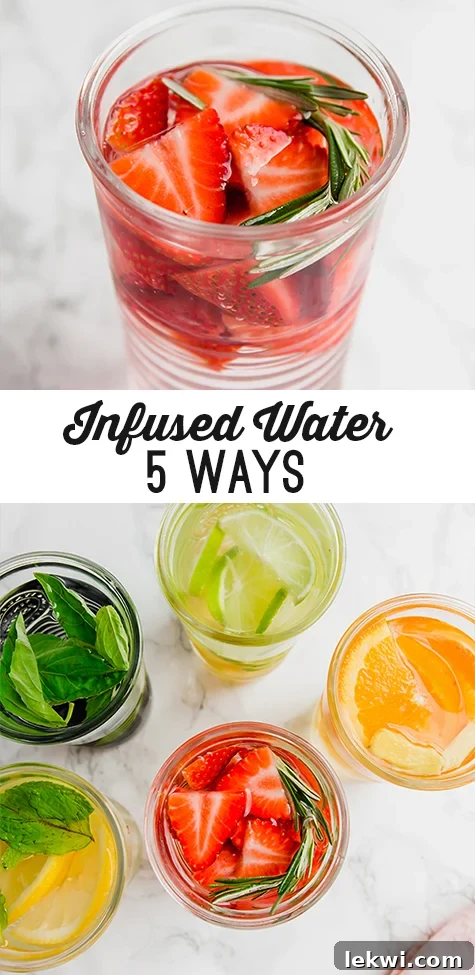 A drinking glass filled with water infused with different fruits and herbs with text reading "infused water 5 ways"