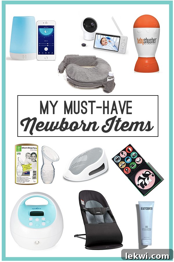 A collage of essential newborn items including a breast pump, baby bouncer, and sound machine, with text reading "My Must-Have Newborn Items".