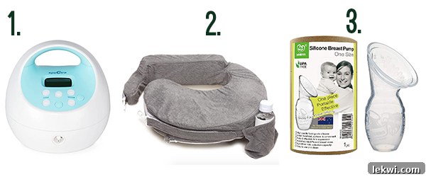 A breastfeeding mother's essentials including a breast pump and nursing pillow.