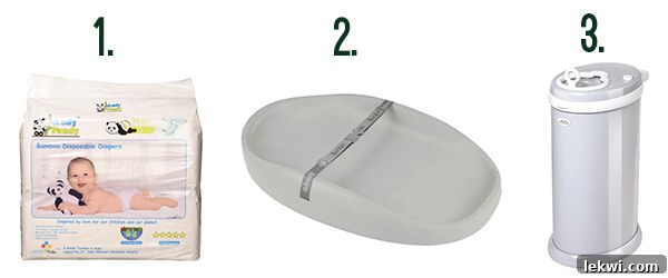 A selection of diapering essentials including diapers and a diaper pail.