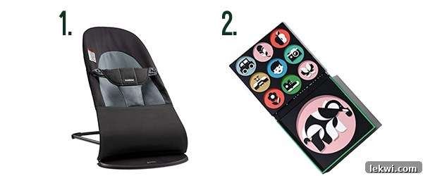 Baby play essentials including an activity gym and high-contrast art cards.