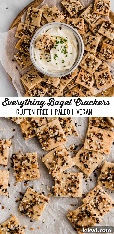A platter filled with everything bagel crackers with a bowl of dip in the middle with text reading "everything bagel crackers gluten free paleo vegan"