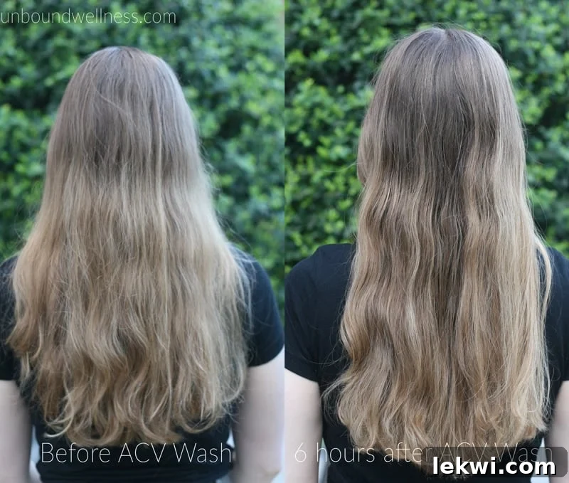 Photos of Michelle's hair from the back before and after using apple cider vinegar. 