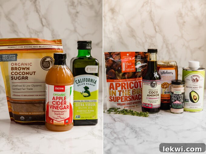 The ingredients needed to make honey balsamic apricot chicken sitting out on a counter before cooking.