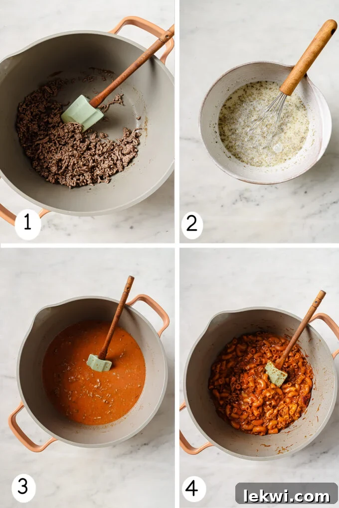 Collage of cooking Hamburger Helper ingredients, showing browning beef, adding sauce, and simmering pasta in a pot.