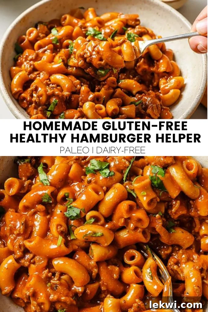 Collage with text "Homemade Gluten-Free Healthy Hamburger Helper Paleo | Dairy-Free." highlighting the recipe benefits.