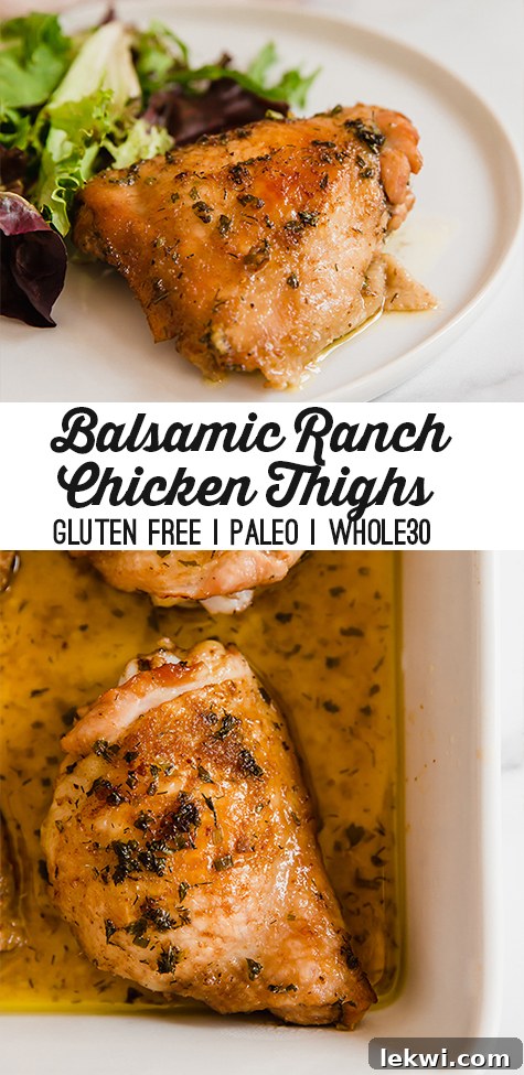A white baking sheet with balsamic ranch chicken thighs after baking with text reading "balsamic ranch chicken thighs gluten free paleo whole30"