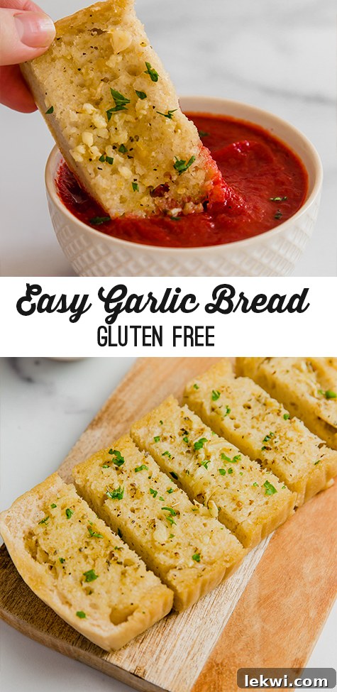 A loaf of gluten-free sourdough topped with garlic to make garlic bread cut into slices and on a wooden cutting board with text reading \"easy garlic bread gluten-free\"