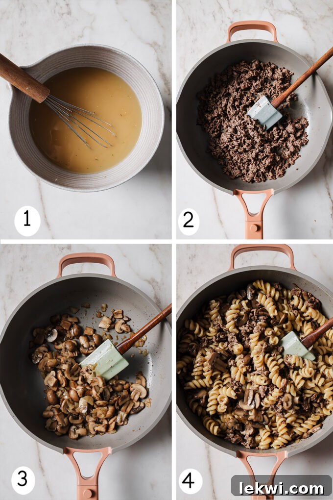 Step-by-step photos demonstrating the process of making homemade beef stroganoff hamburger helper, from browning beef to combining ingredients.