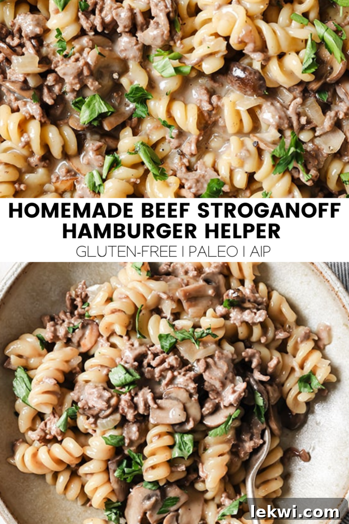 Pinterest collage with text "Homemade Beef Stroganoff Hamburger Helper Gluten-Free | Paleo | AIP."
