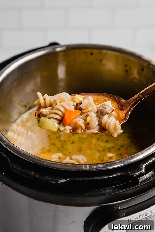 A serving spoon scoops rich, hearty chicken noodle soup from an Instant Pot, showcasing the tender chicken, pasta, and vibrant vegetables.