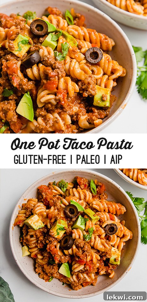 A beautifully plated white bowl of paleo taco pasta, garnished with fresh avocado and cilantro, alongside text: 'One-Pot Taco Pasta Gluten-Free Paleo AIP'.