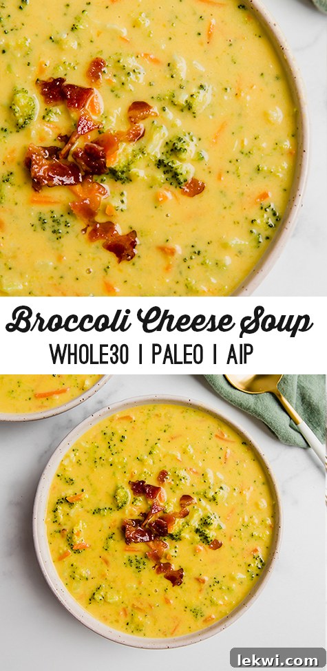A white bowl filled with broccoli cheese soup and text reading "broccoli cheese soup whole30 paleo aip"