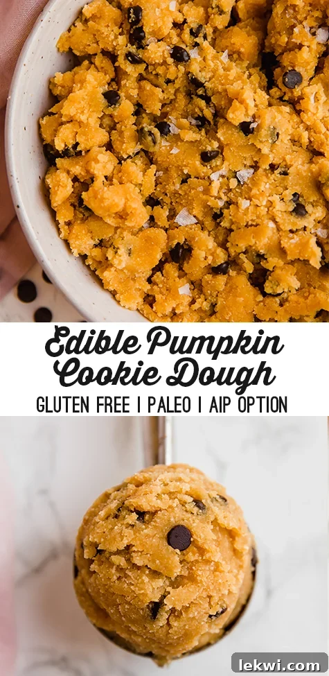 A white bowl filled with edible pumpkin chocolate chip cookie dough with a spoon in it with text reading \"edible pumpkin cookie dough gluten free paleo aip option\"