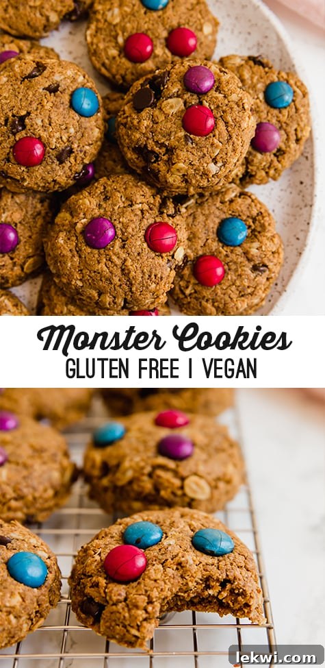 A white plate filled with gluten-free and vegan monster cookies, with text overlay reading "monster cookies gluten free vegan".