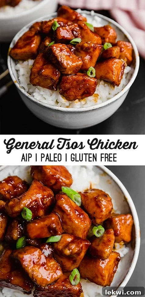 A white bowl filled with cauliflower rice topped with paleo general tso\'s chicken with text reading \