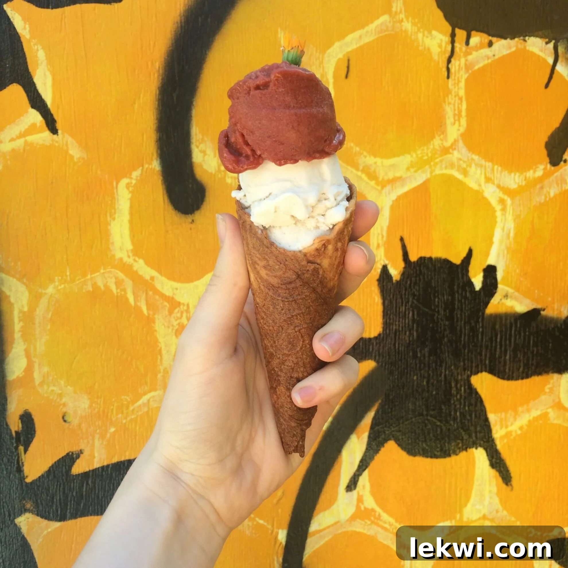 Two servings of dairy-free Jones Gelato in innovative plantain cones, featuring strawberry, roasted banana, and lemon flavors.