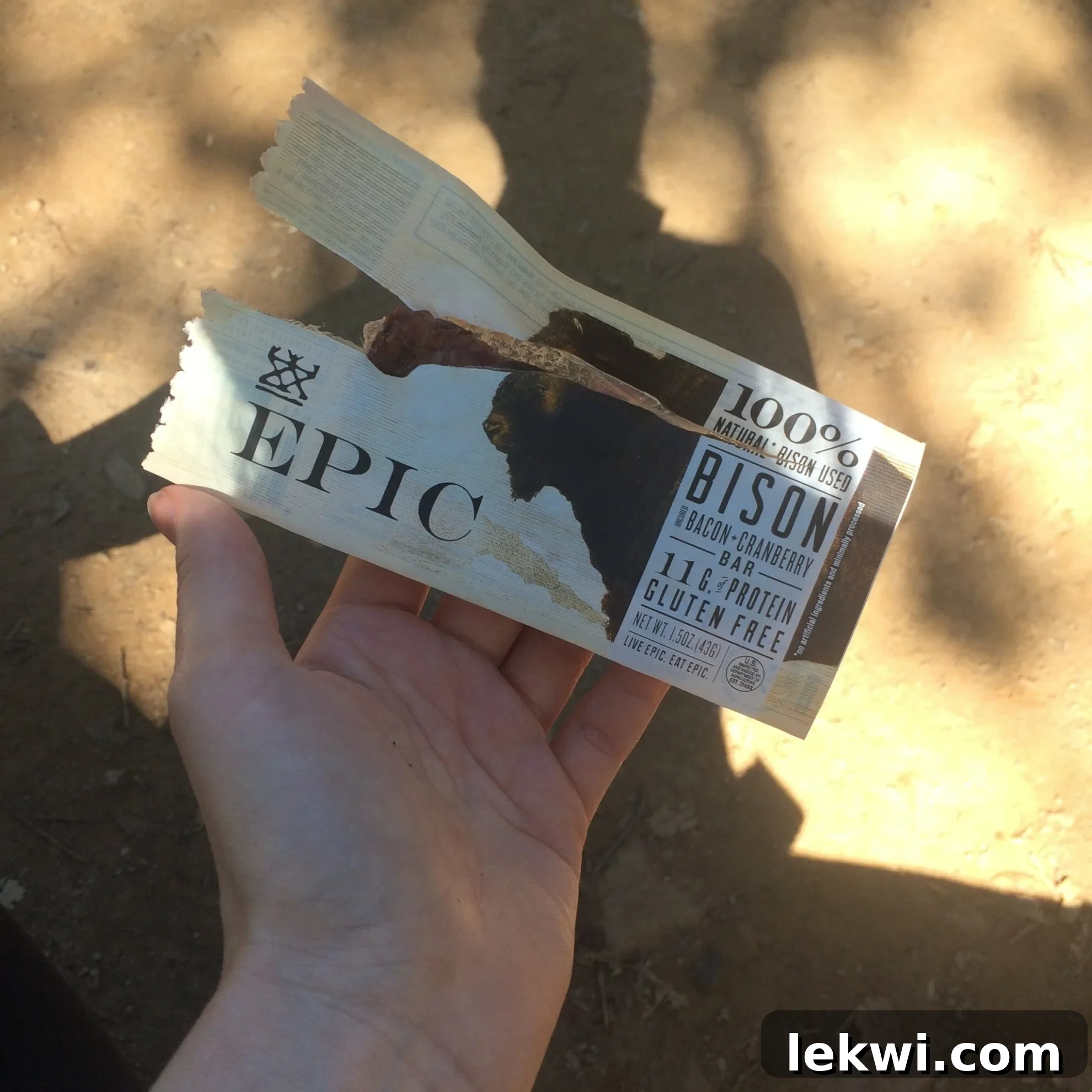 A close-up of an Epic bar, a protein-rich AIP-friendly snack, perfect for fueling hikes and outdoor activities.
