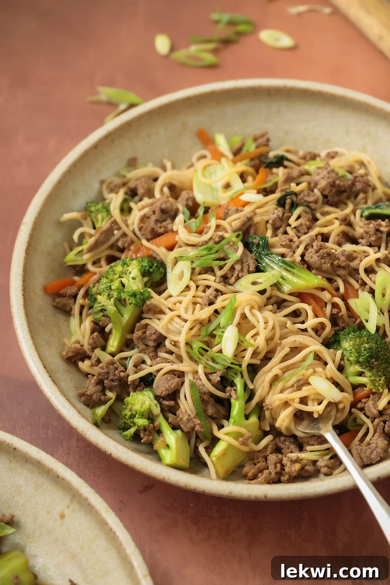 A vibrant bowl of ground beef ramen stir-fry, rich with noodles, vegetables, and savory sauce.