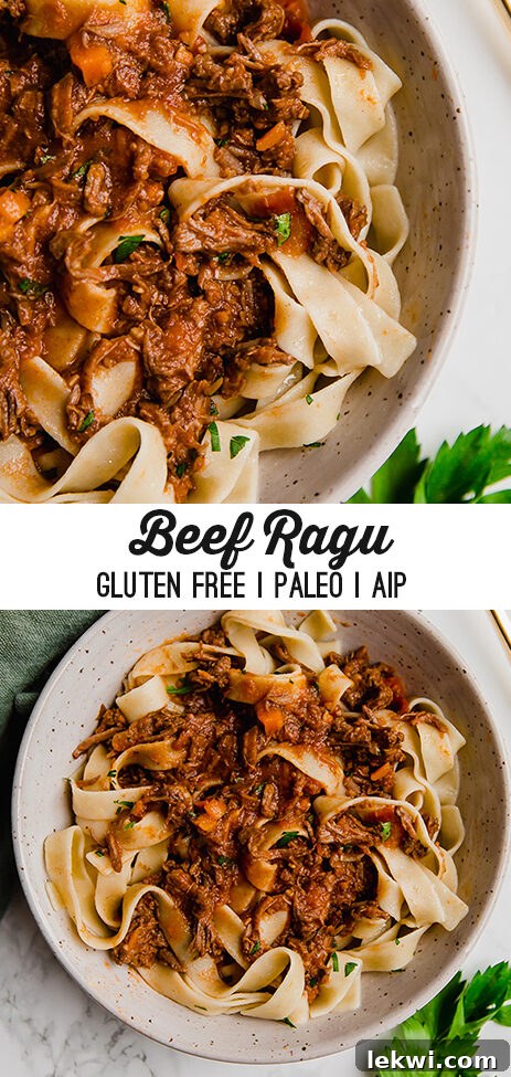A white bowl filled with slow cooker beef ragu over pasta with text reading \"beef ragu gluten free paleo aip\"
