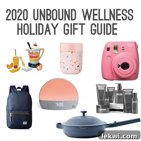 2020 Unbound Wellness Holiday Gift Guide featuring a Hatch alarm clock, a pink tumbler, and a polaroid camera, perfect for gifting inspiration.