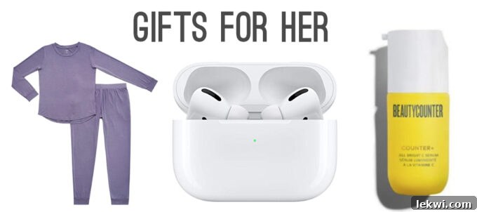 A selection of elegant gifts for her, including comfy loungewear, stylish accessories, and beauty products.